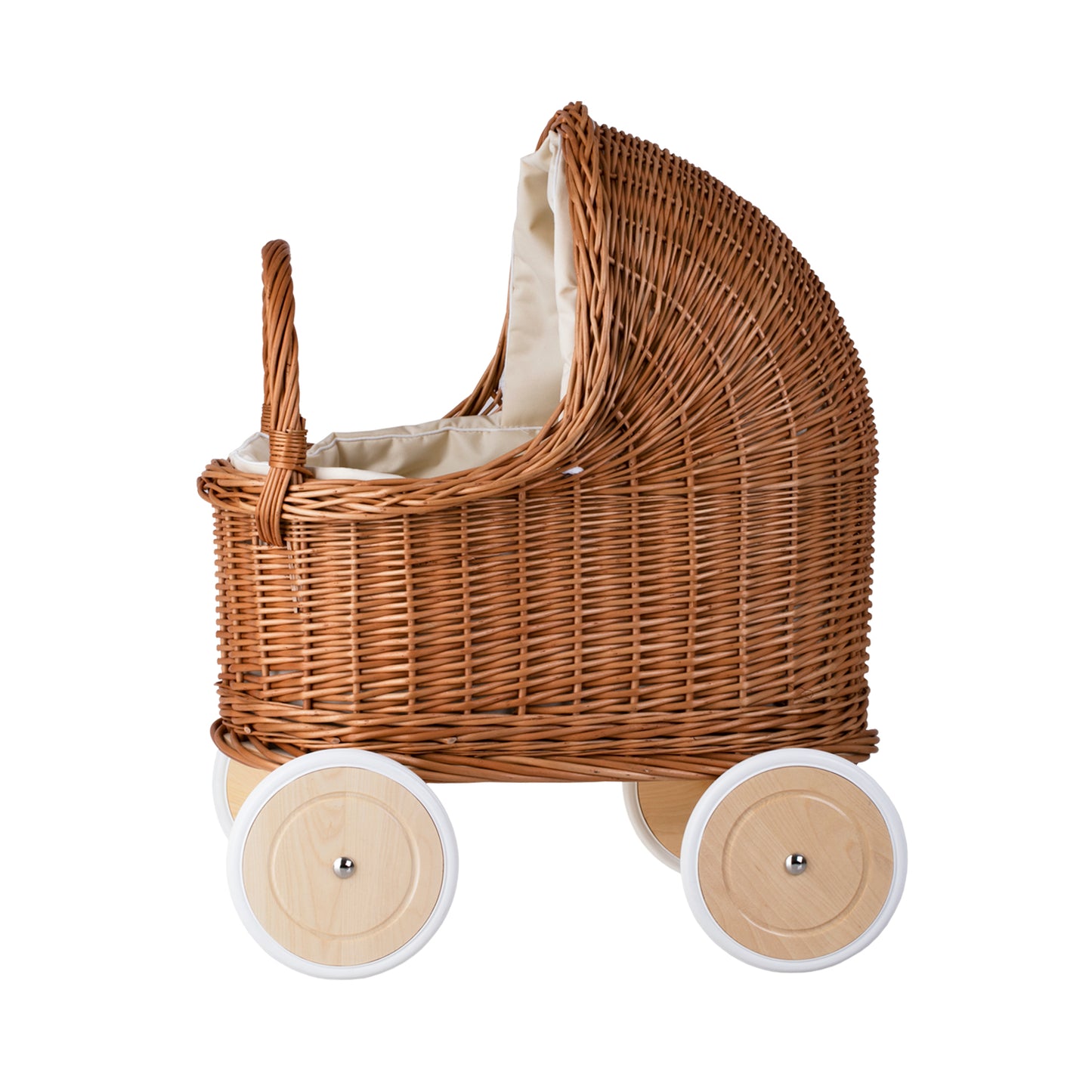 Lara fletkurv dukkevogn med beige kantning, dyne og pude