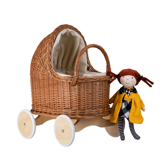 Lara wicker doll stroller with beige trim, blanket, and pillow TheWickerStories