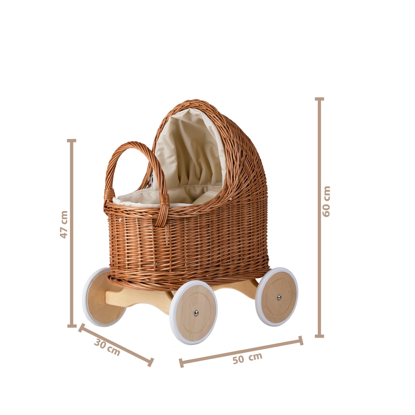 Lara fletkurv dukkevogn med beige kantning, dyne og pude
