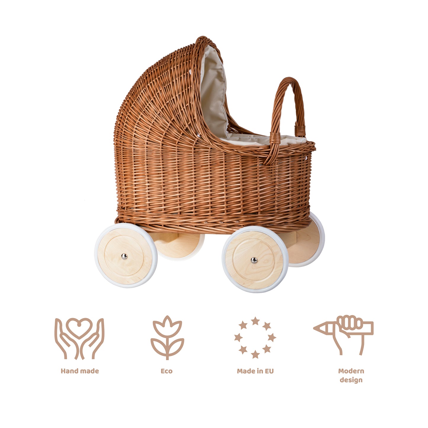 Lara <wiklinowy wózek dla lalek z beżowym obszyciem, kołderką i poduszką>fonott babakocsi bézs szegéllyel, takaróval és párnával</wiklinowy wózek dla lalek z beżowym obszyciem, kołderką i poduszką>
