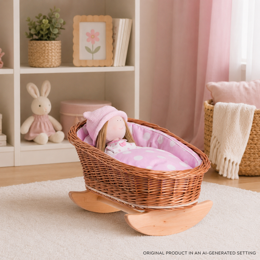 rotan wiegje voor poppen met roze voering, kussen en dekbed