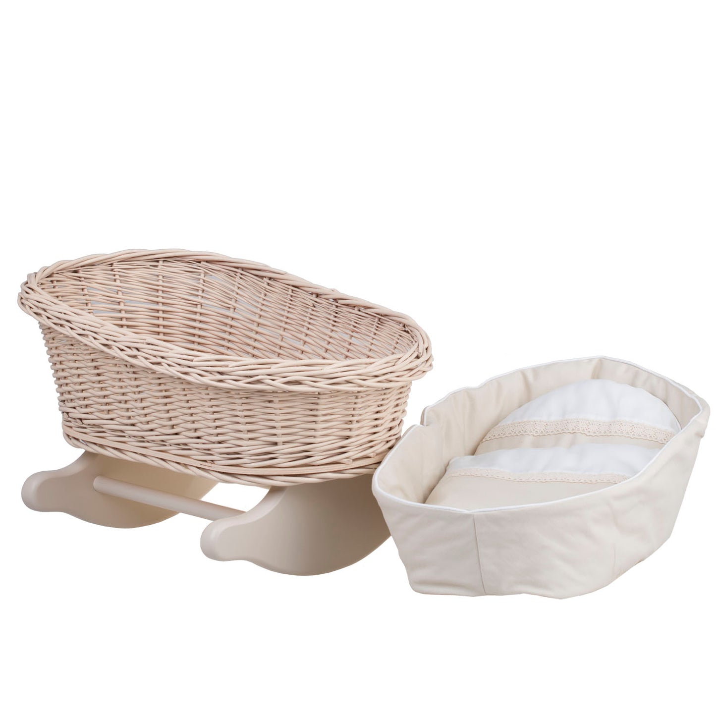 Mimi berço de vime para bonecas com forro bege, almofada e edredom TheWickerStories