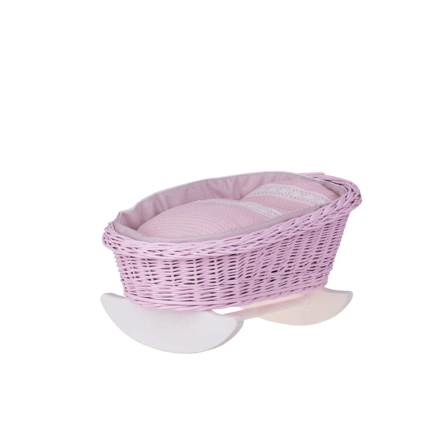 Lili Poppenwagen van wilgentenen met roze bies, inclusief dekentje, kussentje en wiegje.