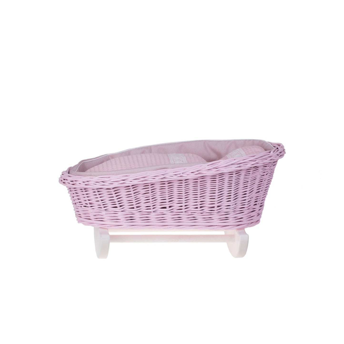 Lili Poppenwagen van wilgentenen met roze bies, inclusief dekentje, kussentje en wiegje.