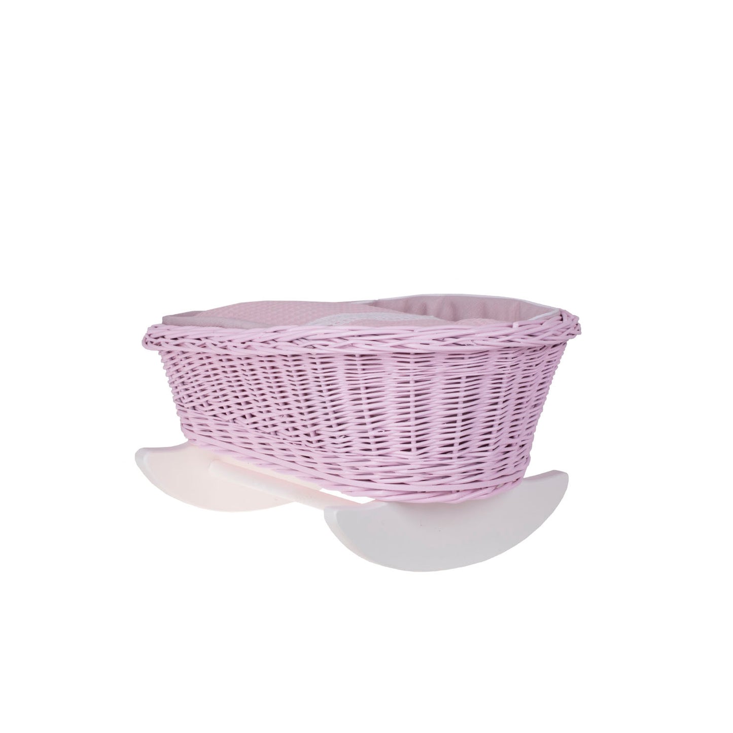 Lili Poppenwagen van wilgentenen met roze bies, inclusief dekentje, kussentje en wiegje.