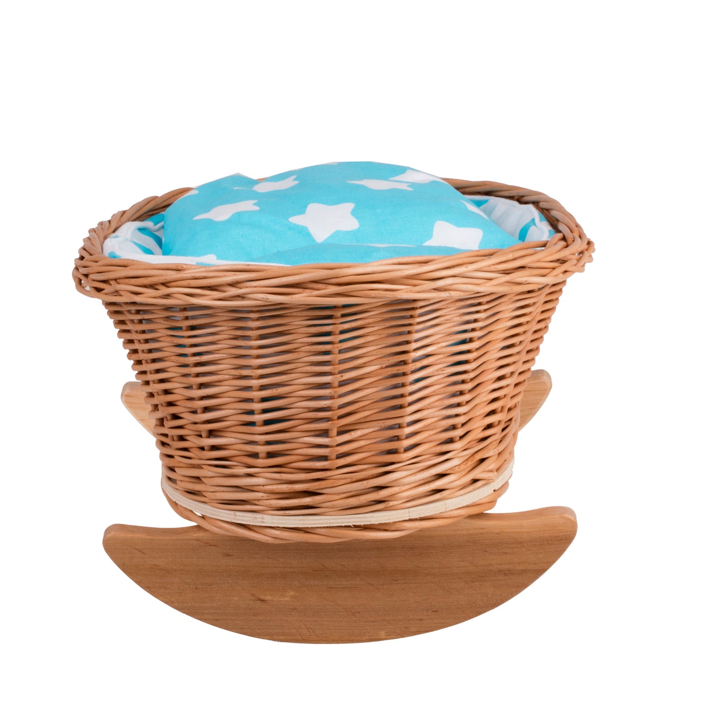 Mimi culla in vimini per bambole con fodera blu, cuscino e piumone TheWickerStories