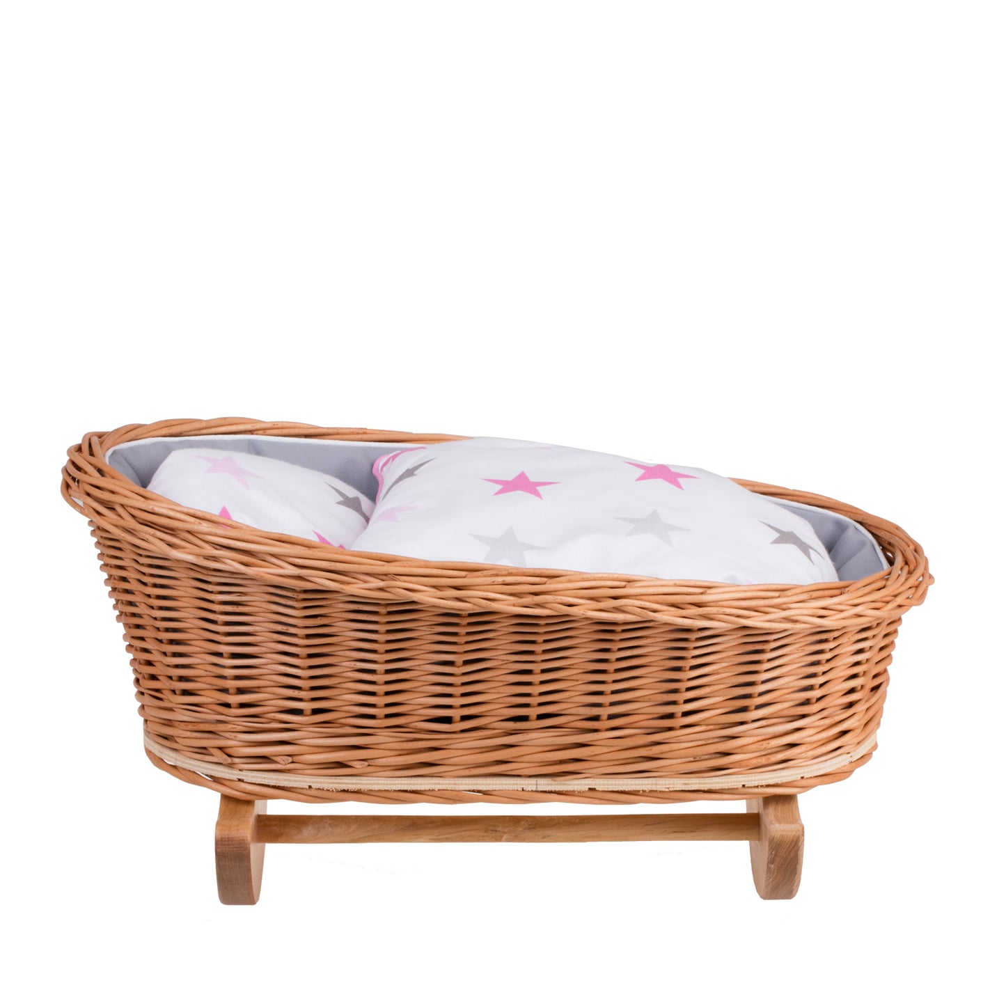 Mimi berço de vime para bonecas com forro cinza, almofada e edredom TheWickerStories