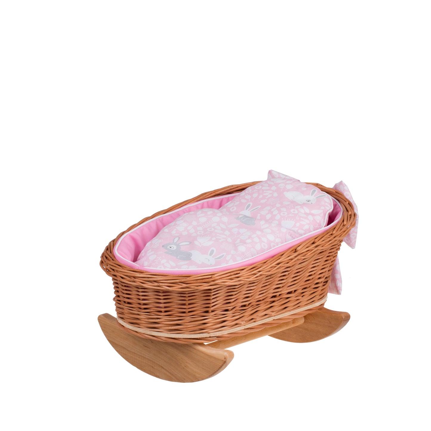 Lili wicker stroller and cradle for dolls with pink trim, blanket, and pillow
