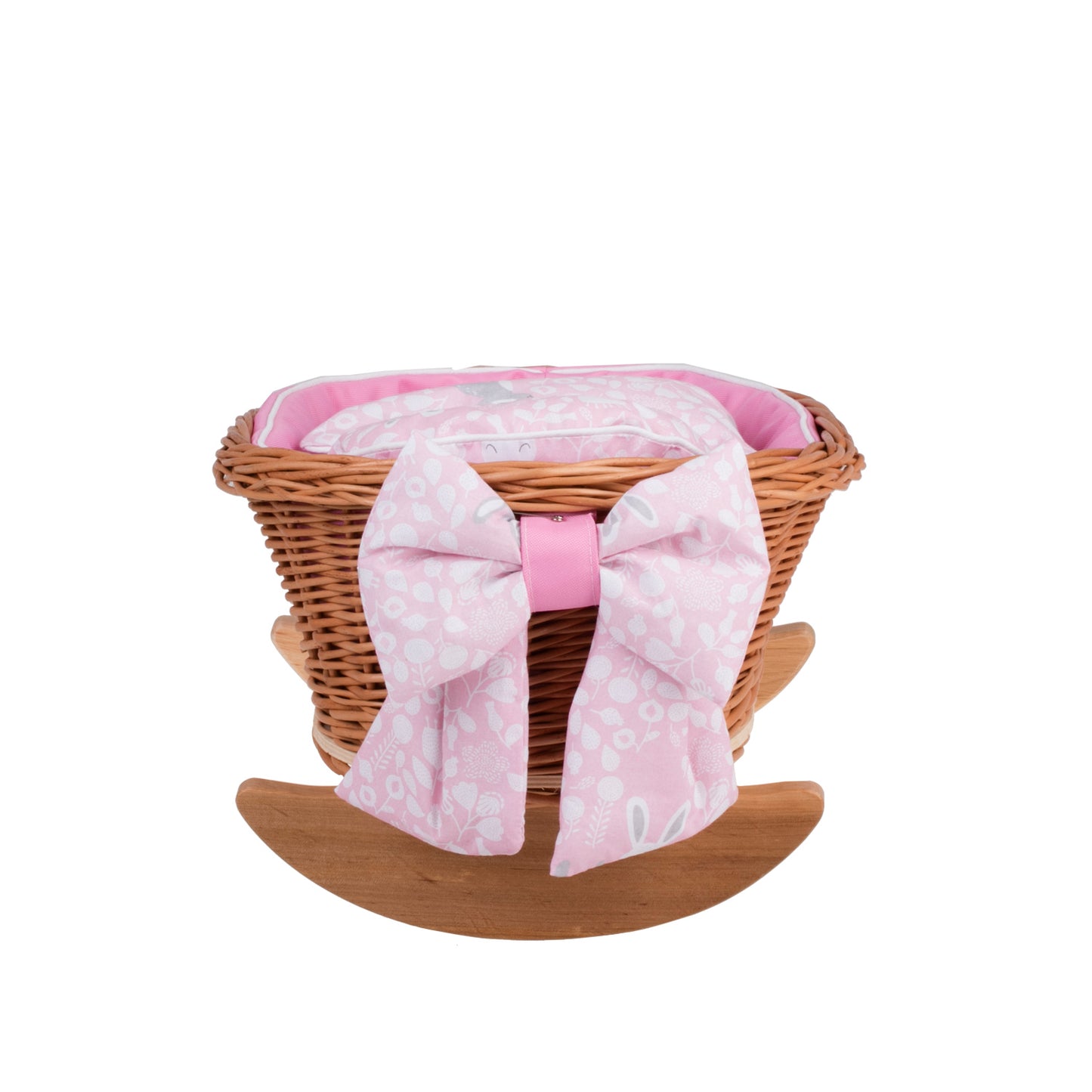 Lili wicker stroller and cradle for dolls with pink trim, blanket, and pillow