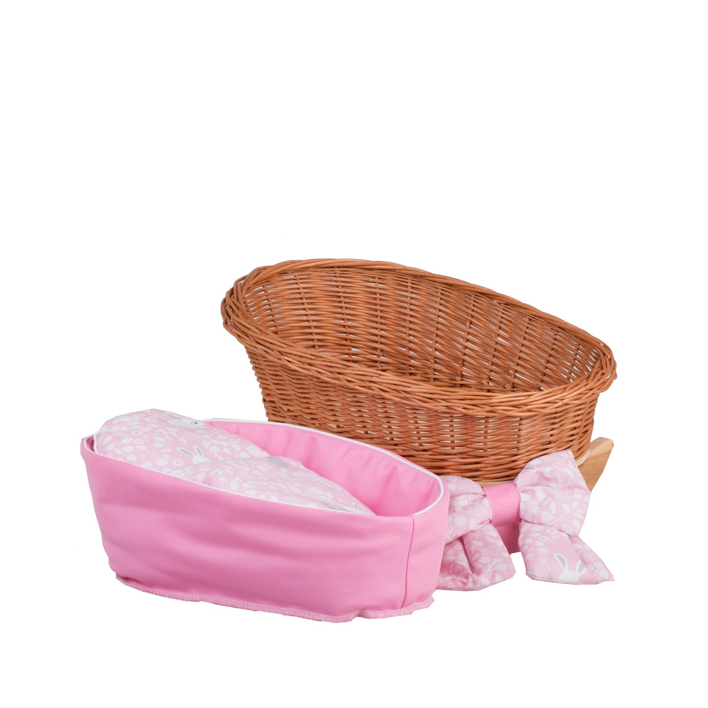 Mimi culla in vimini per bambole con fodera rosa, cuscino e piumone TheWickerStories