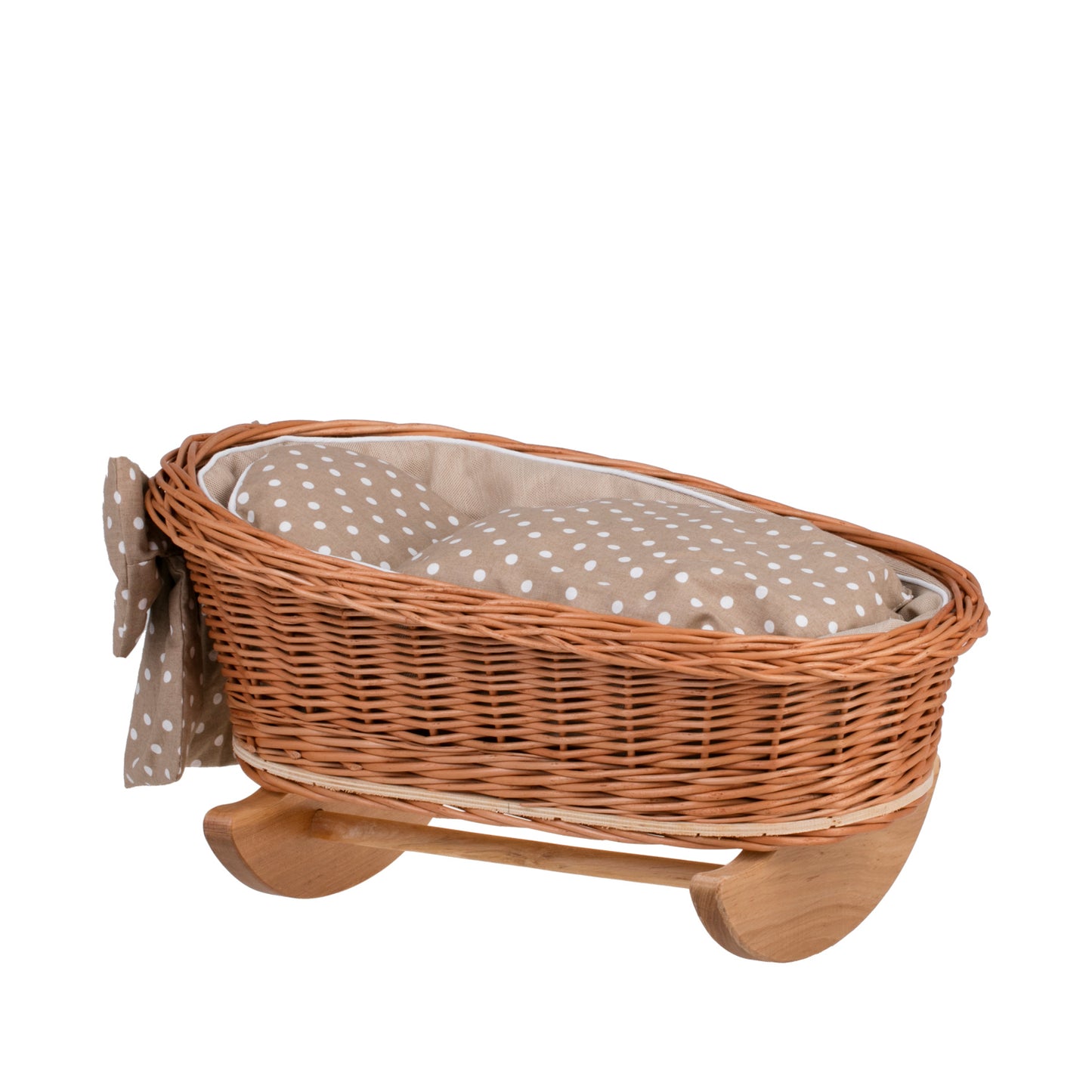 Lili wicker doll stroller and cradle with beige trim, blanket, and pillow