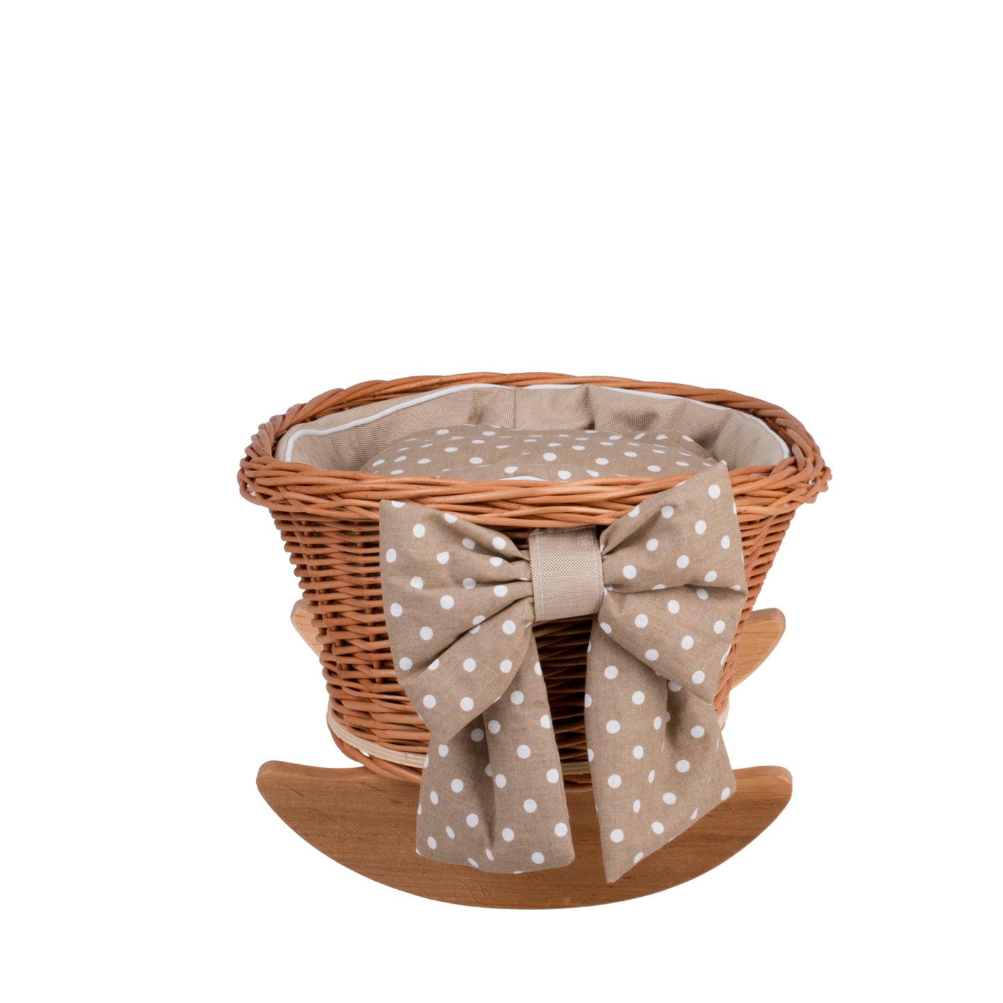 Lili wicker doll stroller and cradle with beige trim, blanket, and pillow