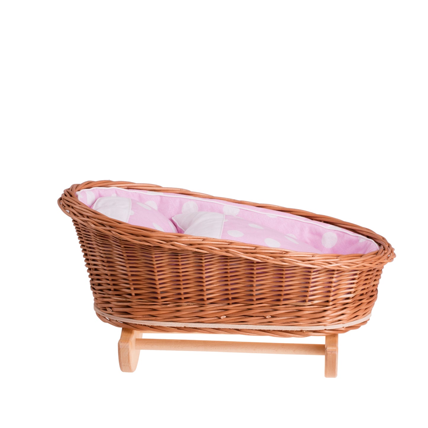 Mimi rotting vagga för dockor med rosa foder, kudde och täcke