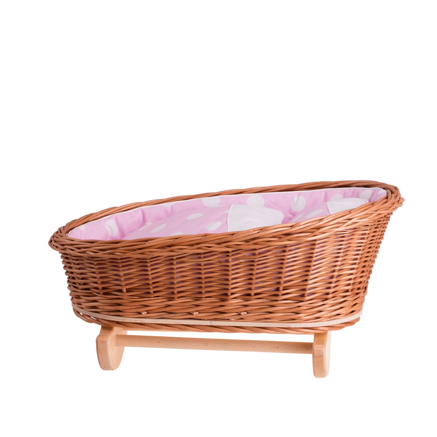 Mimi rotting vagga för dockor med rosa foder, kudde och täcke