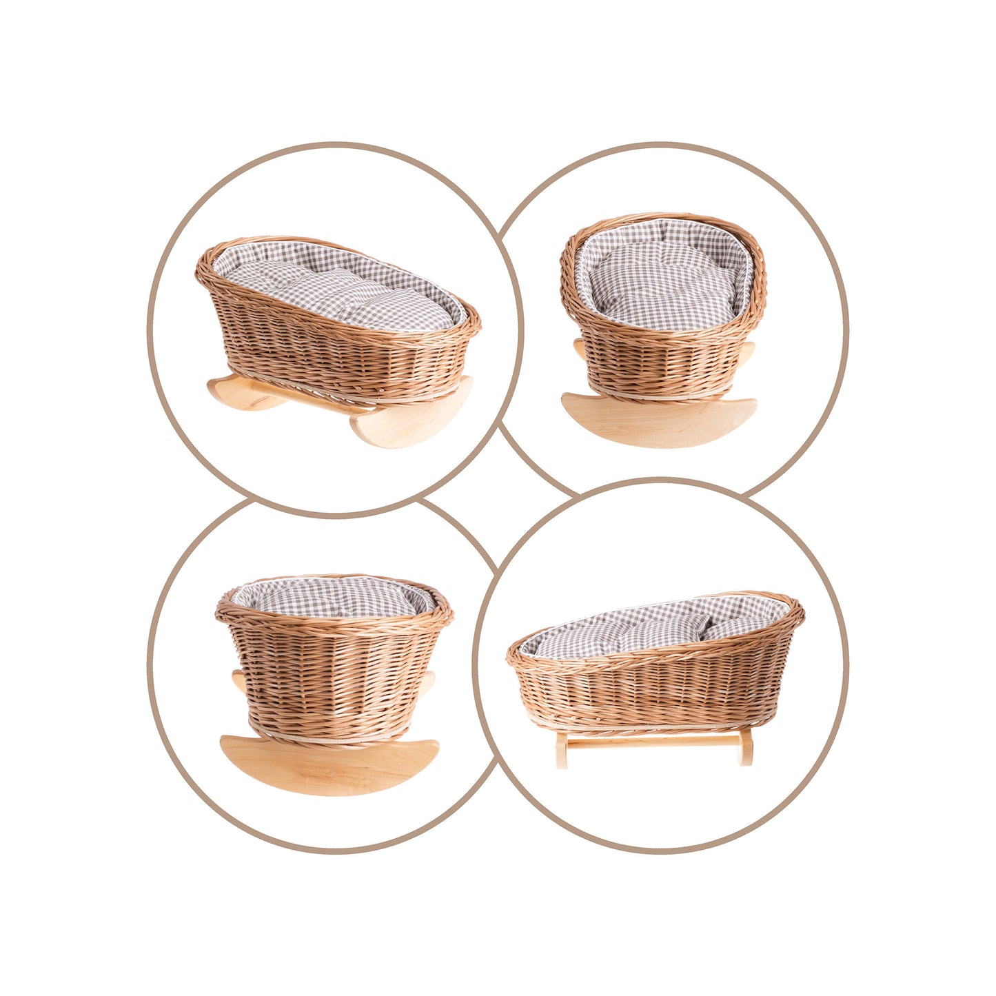 Mimi culla in vimini per bambole con fodera marrone, cuscino e piumone TheWickerStories