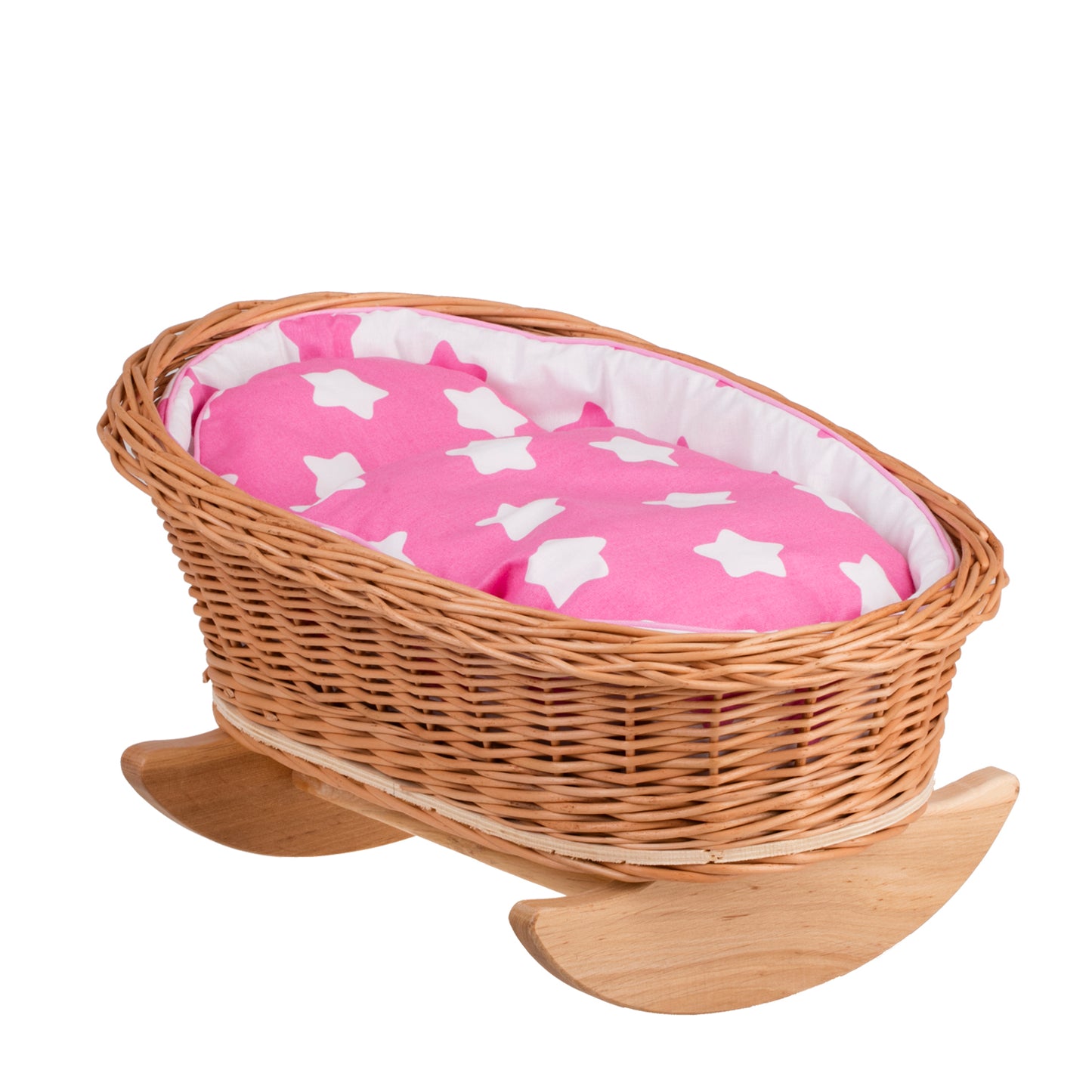 Mimi rotting vagga för dockor med rosa foder, kudde och täcke