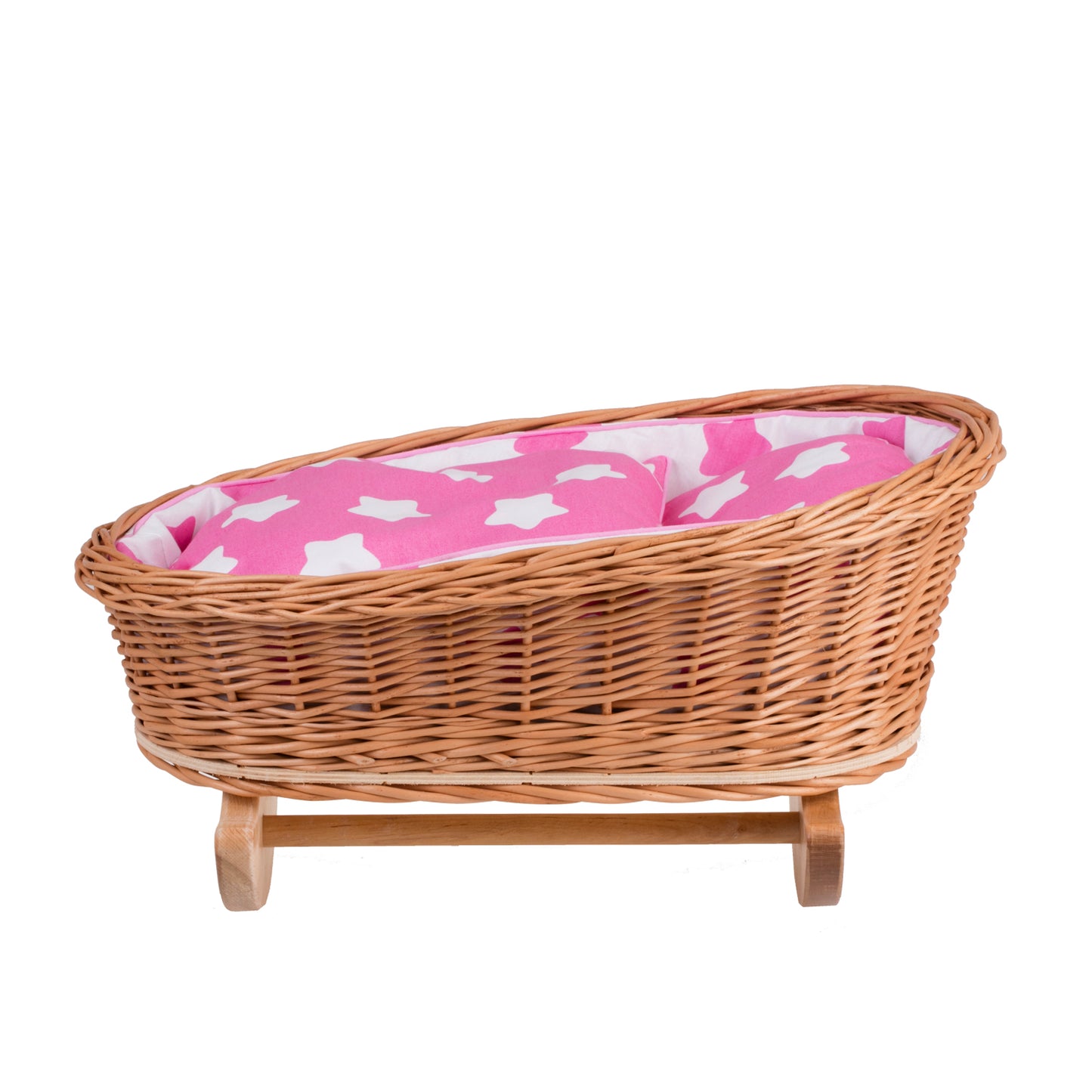 Mimi rotting vagga för dockor med rosa foder, kudde och täcke