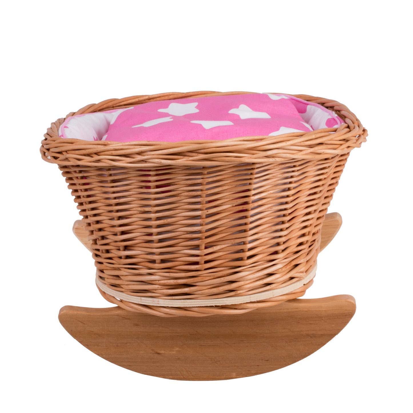 Mimi culla in vimini per bambole con fodera rosa, cuscino e piumone TheWickerStories