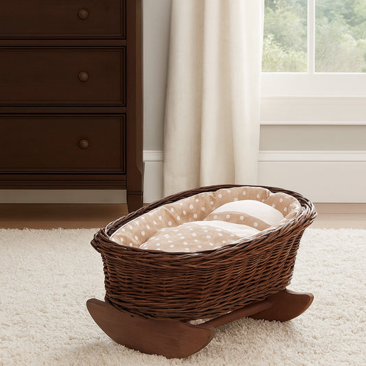 Mimi wicker cradle for dolls with beige lining, pillow and duvet TheWickerStories