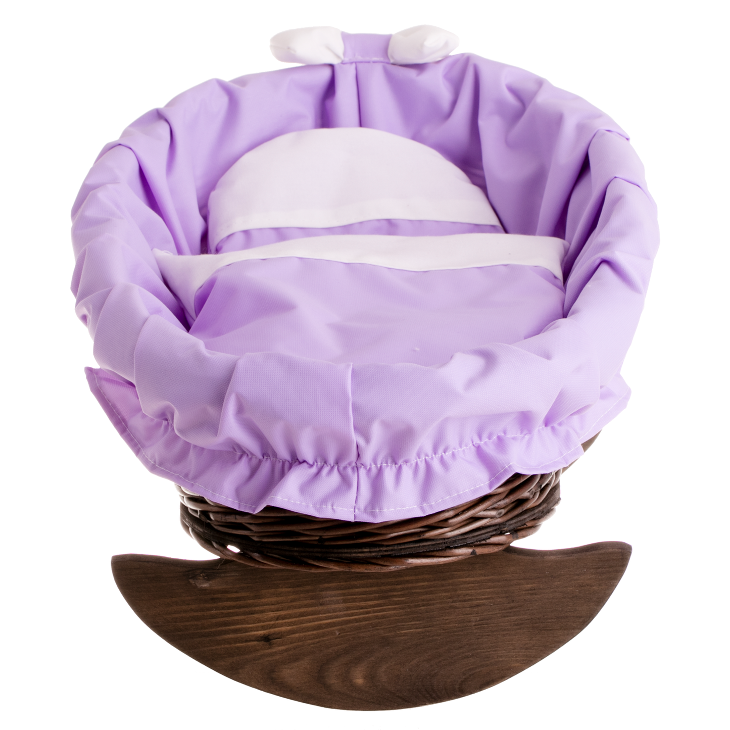 Mimi Zibka iz vrbovine za punčke z vijolično obrobo, vzmetnico, odejico in blazino, na lesenih drsnicah TheWickerStories