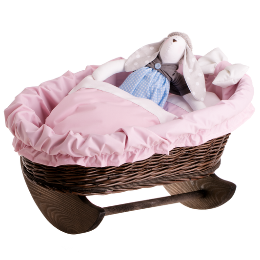 Mimi wicker cradle for dolls with pink lining, pillow and duvet TheWickerStories