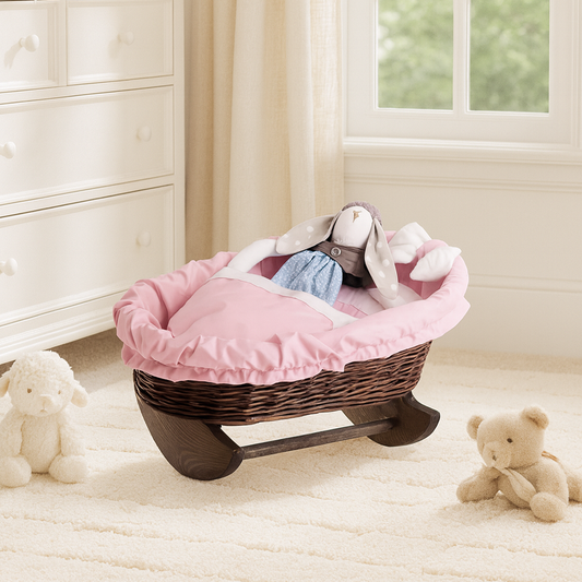 Mimi berceau en osier pour poupées avec doublure rose, oreiller et couette TheWickerStories