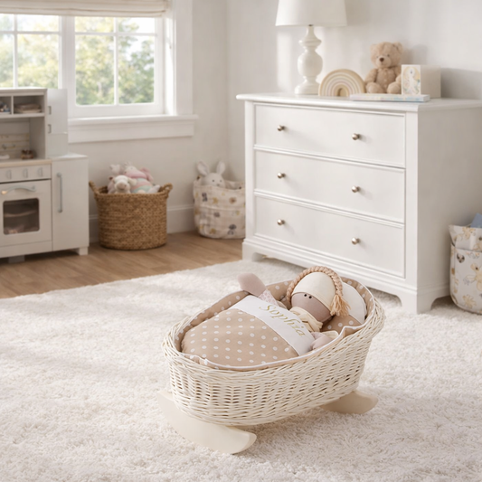 Mimi wicker cradle for dolls with personalization, beige lining, pillow and duvet TheWickerStories