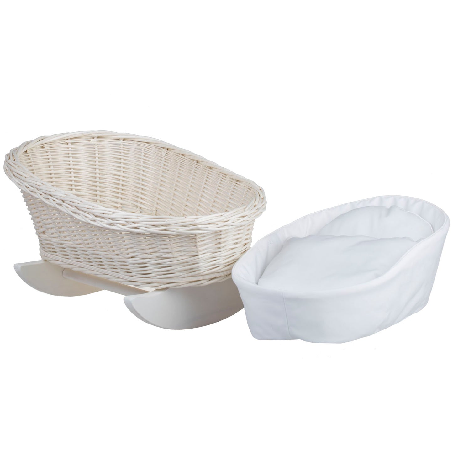 Mimi rotting vagga för dockor med vitt foder, kudde och täcke TheWickerStories