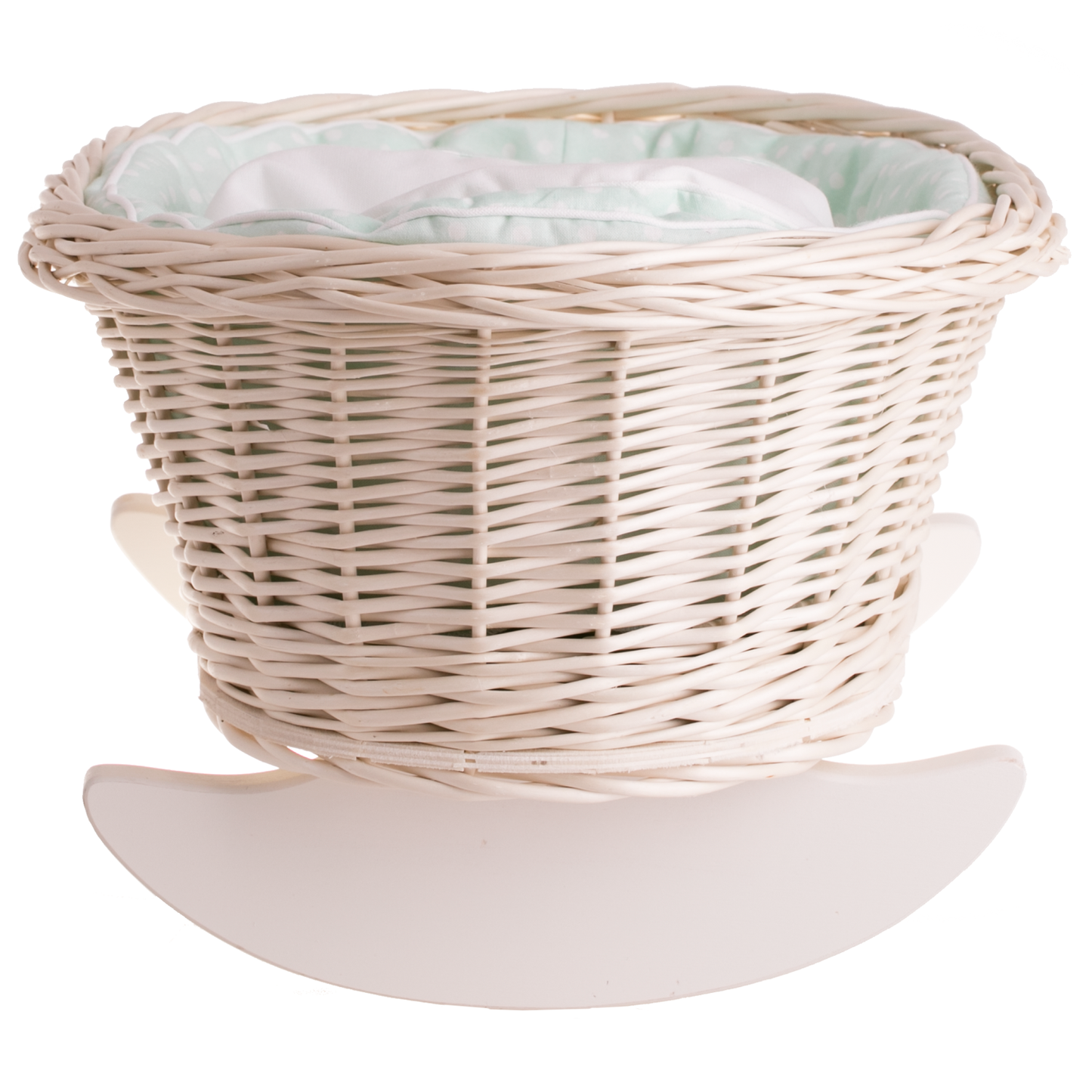 Mimi wicker cradle for dolls with mint lining, pillow and quilt TheWickerStories