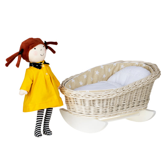 prútená kolíska pre bábiky s béžovým poťahom, vankúšom a prikrývkou