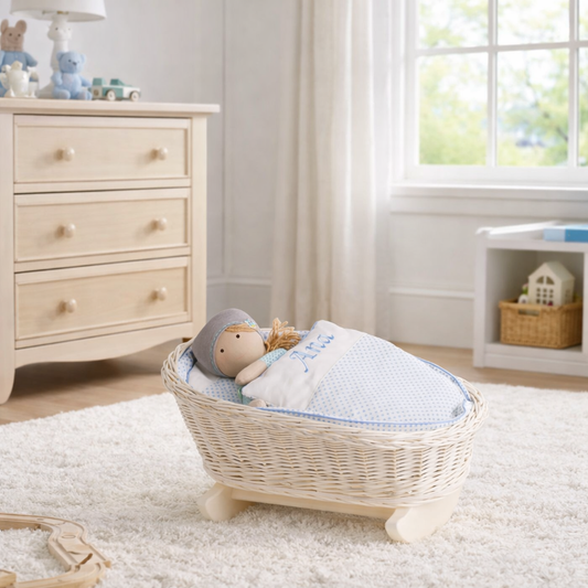 wicker cradle for dolls with personalization, blue lining, pillow and duvet