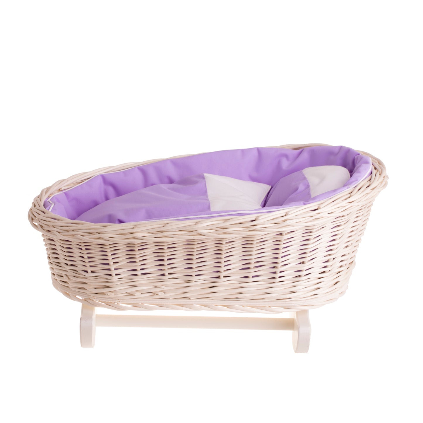 Mimi culla in vimini per bambole con fodera viola, cuscino e piumone TheWickerStories