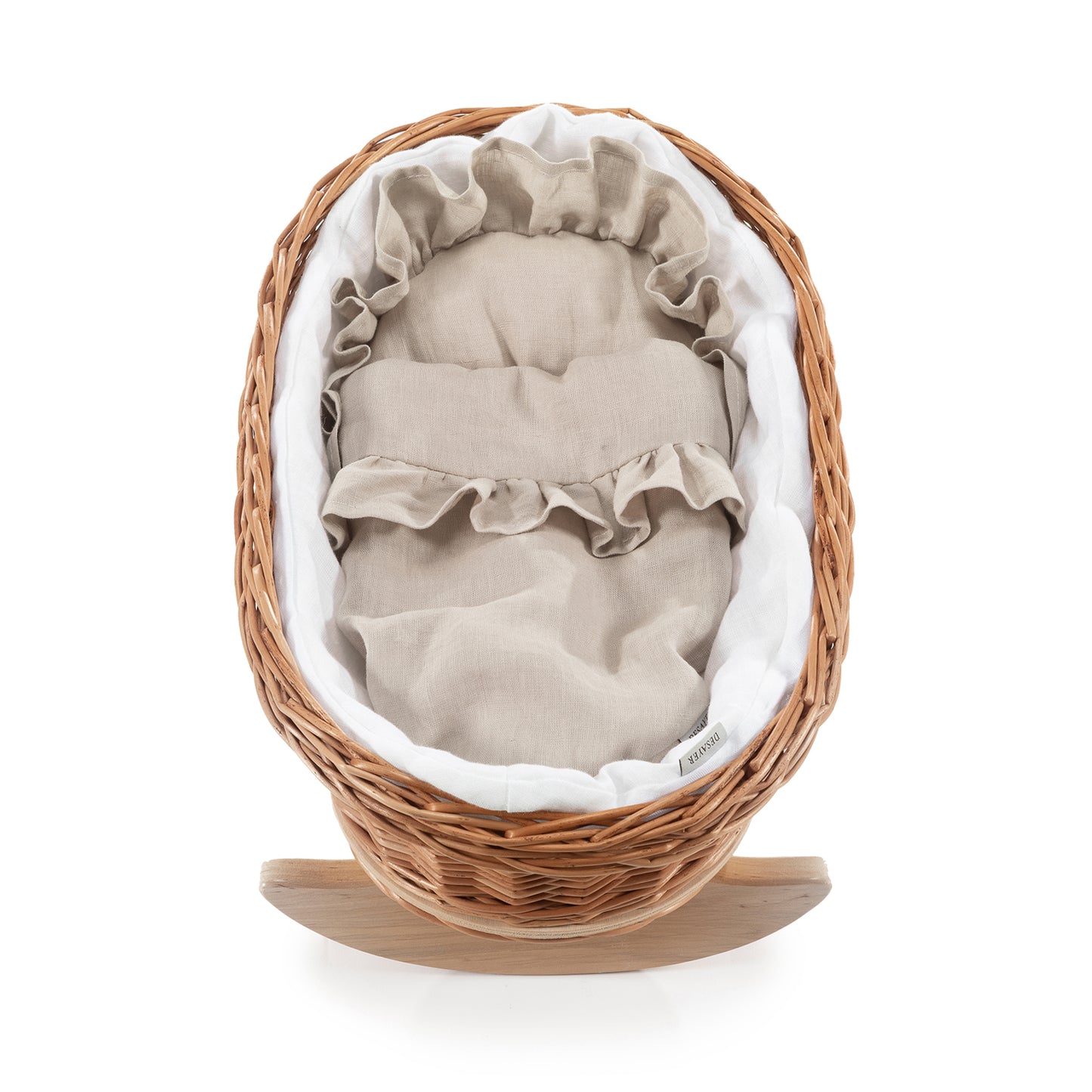 Mimi Rieten poppenwieg met witte bies, kussentje en dekentje, op beukenhouten sleden