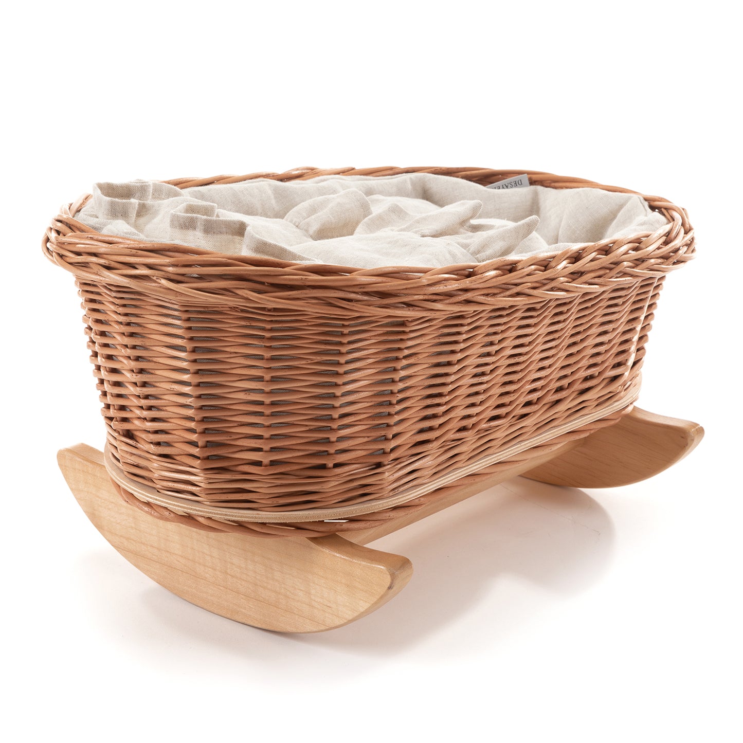 Mimi Rieten poppenwieg met witte bies, kussentje en dekentje, op beukenhouten sleden
