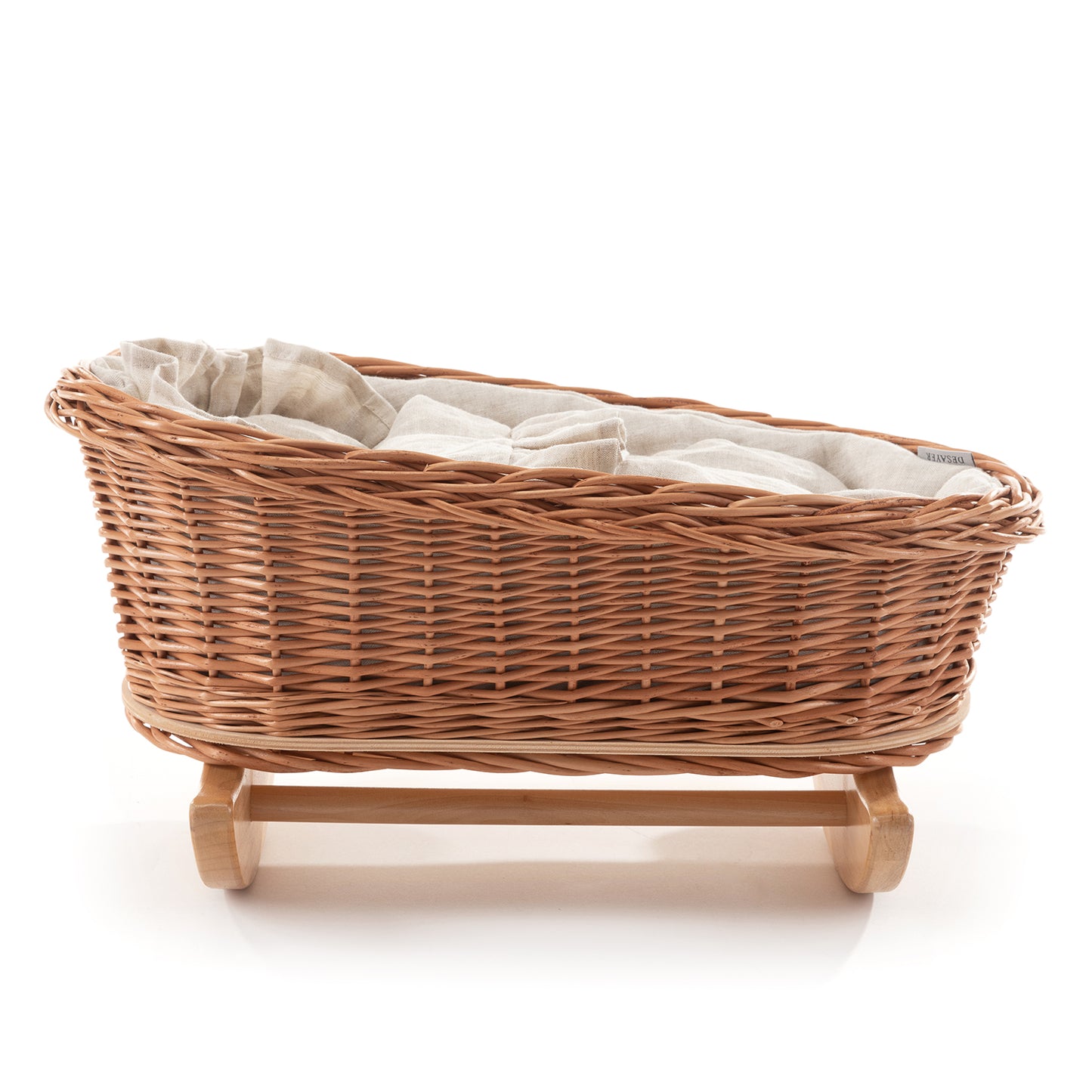 Mimi wicker doll cradle with white trim, pillow, and blanket, on beechwood runners TheWickerStories