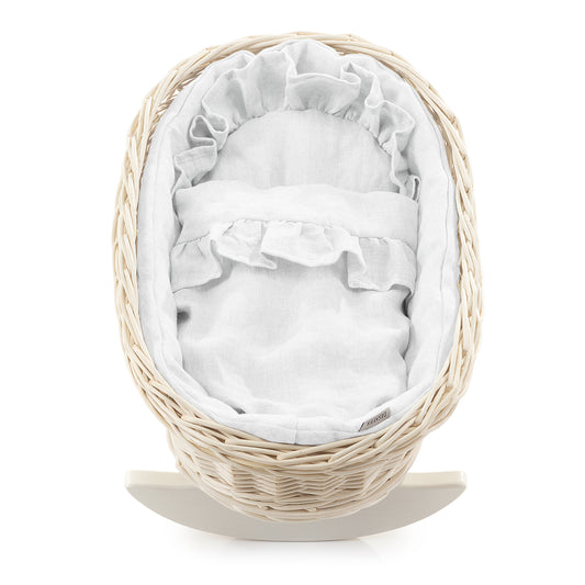 Desayer wicker doll cradle with white trim, with pillow and blanket TheWickerStories
