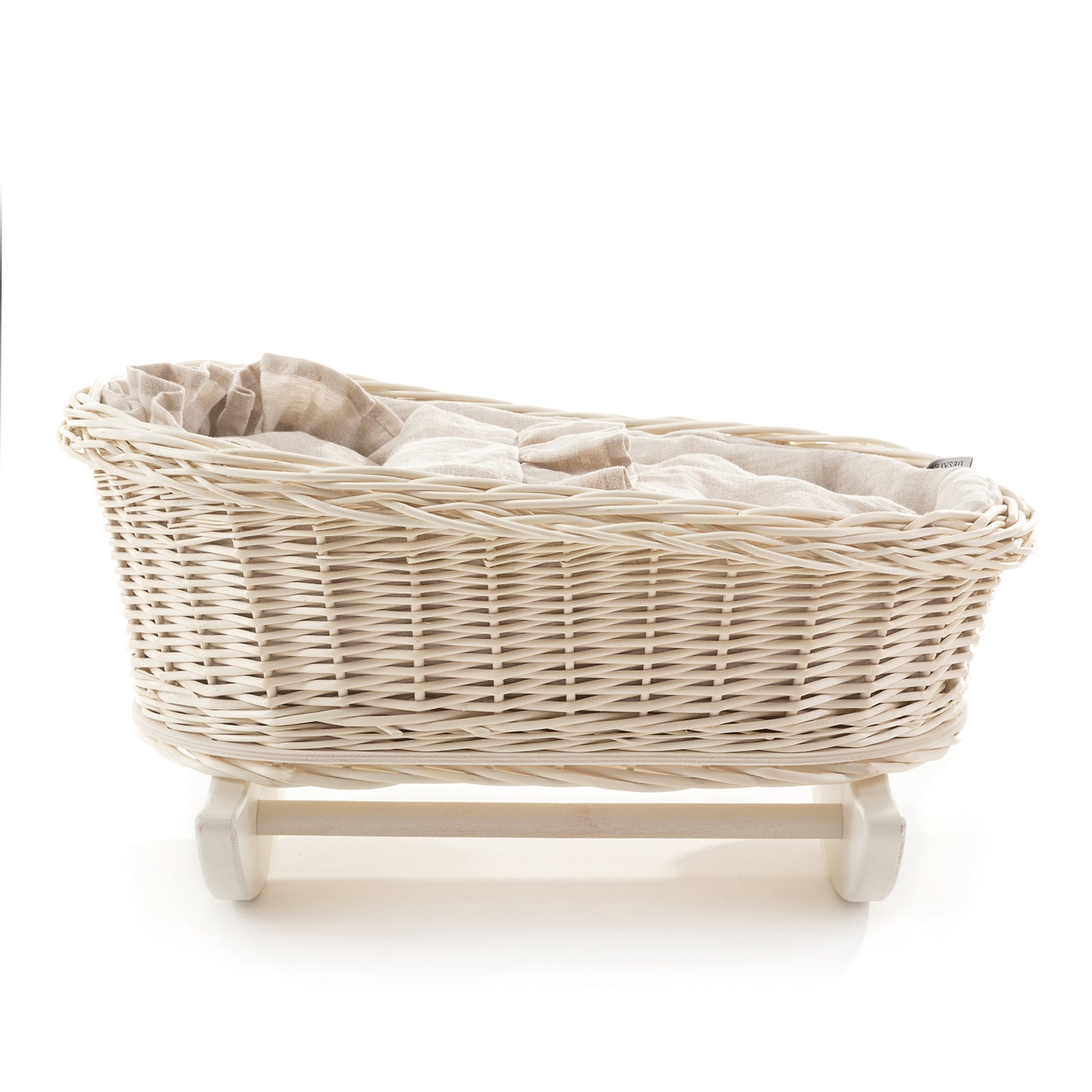 Mimi Rieten poppenwieg met witte bies, inclusief kussentje en dekentje, op slede