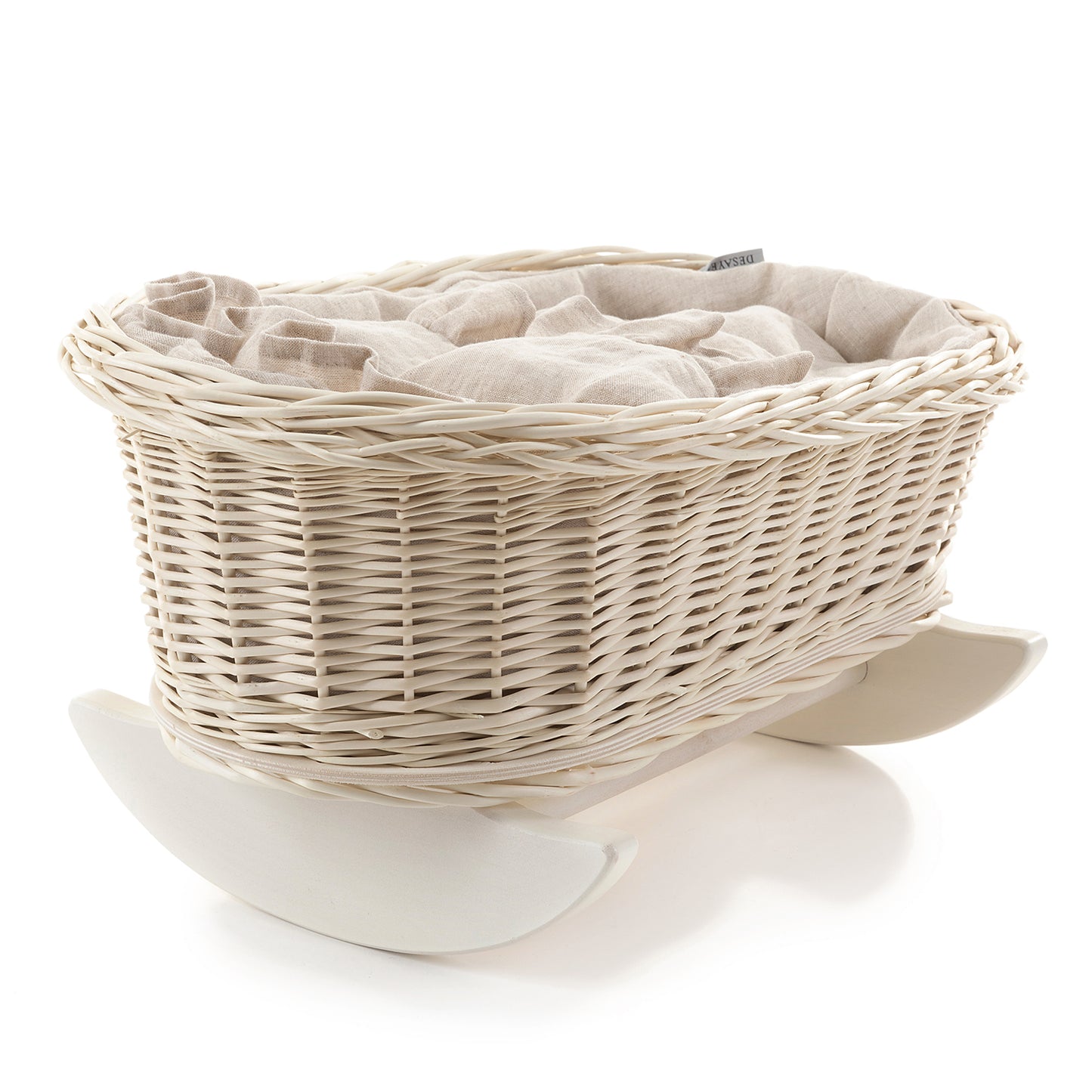 Mimi Rieten poppenwieg met witte bies, inclusief kussentje en dekentje, op slede