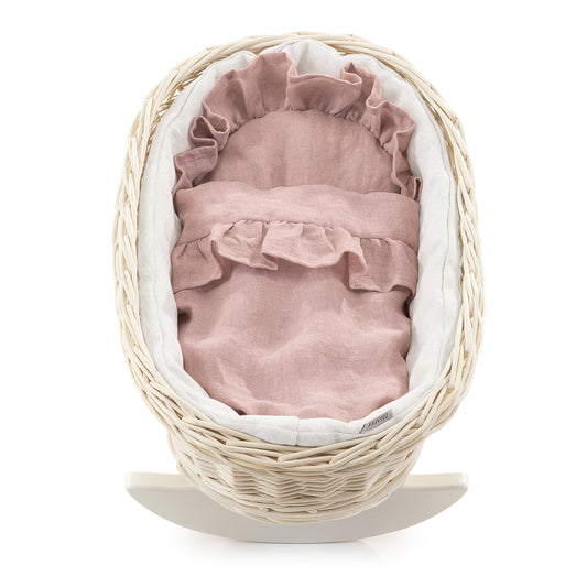 Mimi wicker doll cradle with pink trim, including pillow and blanket TheWickerStories