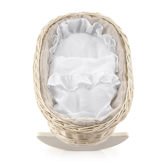 Desayer wicker rocking doll basket with white trim, pillow and blanket TheWickerStories