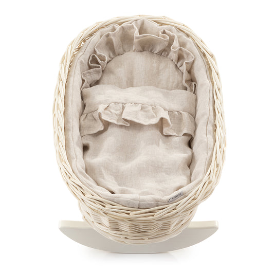 Desayer wicker cradle basket for dolls with linen trim, pillow and quilt, on beech runners TheWickerStories