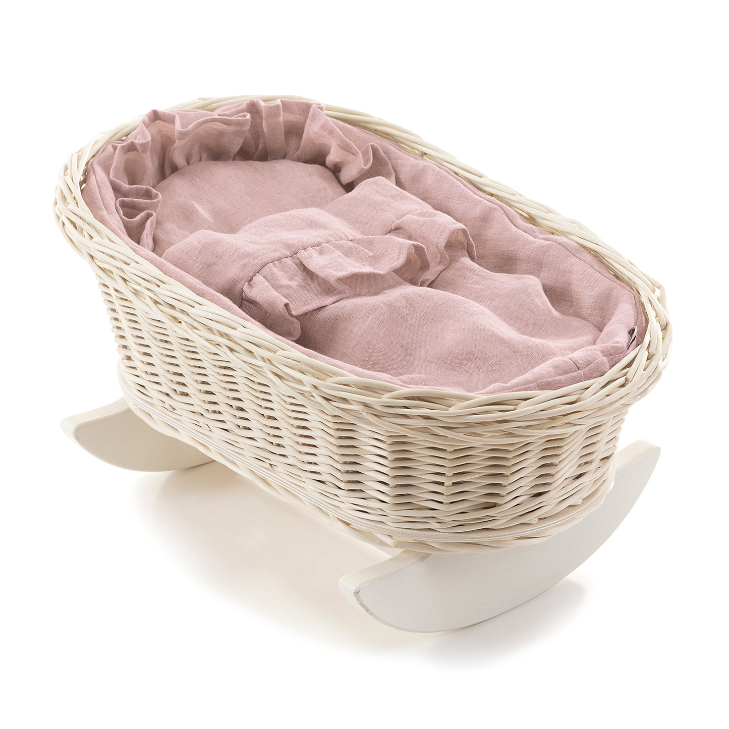 Mimi Rieten wiegmand voor poppen met roze rand, met kussentje en dekentje