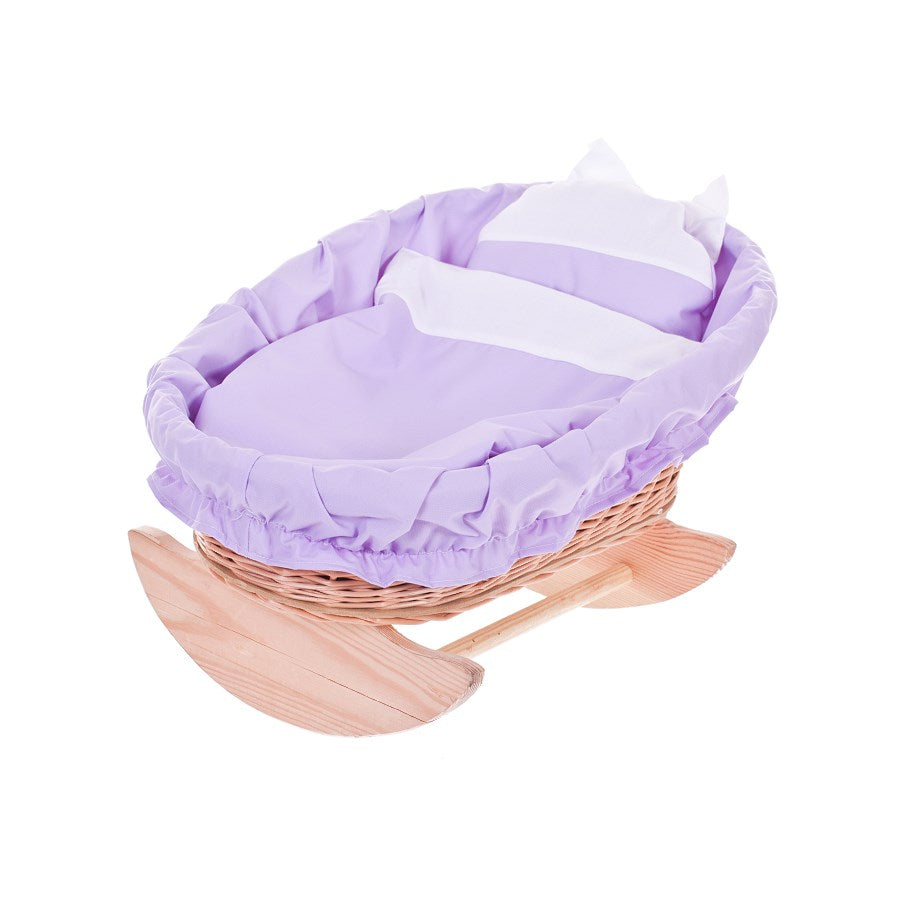 Mimi culla in vimini per bambole con fodera viola, cuscino e piumone TheWickerStories