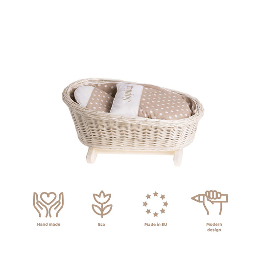 Mimi wicker cradle for dolls with personalization, beige lining, pillow and duvet TheWickerStories