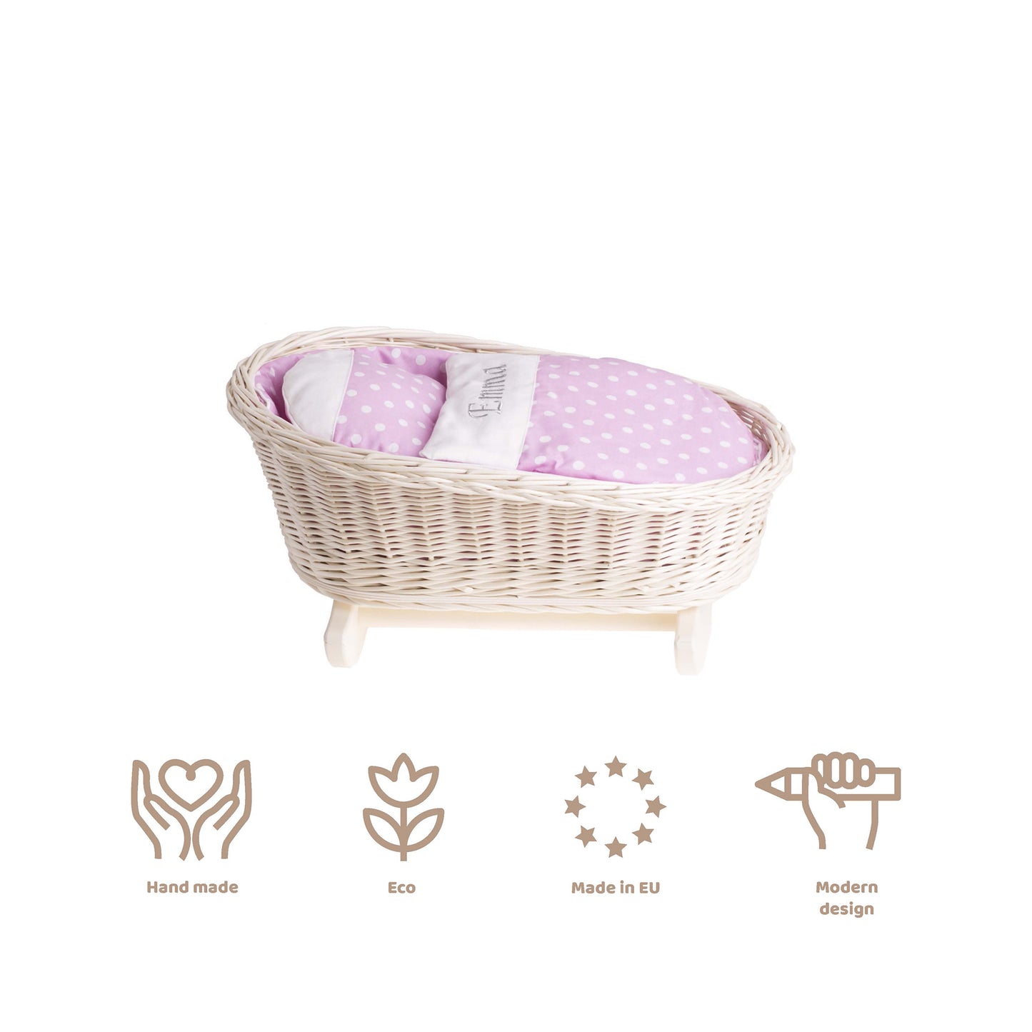 Mimi pletena zibelka za punčke s personalizacijo, roza podloga, blazina in odeja