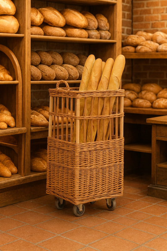 rieten mand voor stokbroden met wieltjes