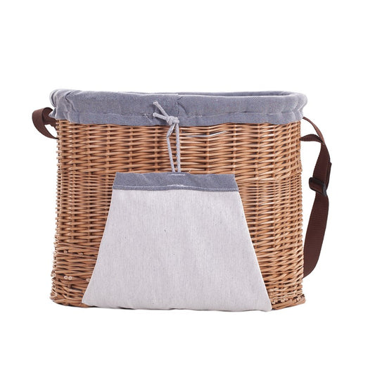 Saleria Pajukori puutarhan sadonkorjuuseen, harmaalla reunuksella, olkahihnalla ja taskulla TheWickerStories