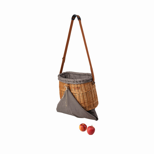 Saleria wicker garden harvest basket with gray trim, shoulder strap, and pocket TheWickerStories
