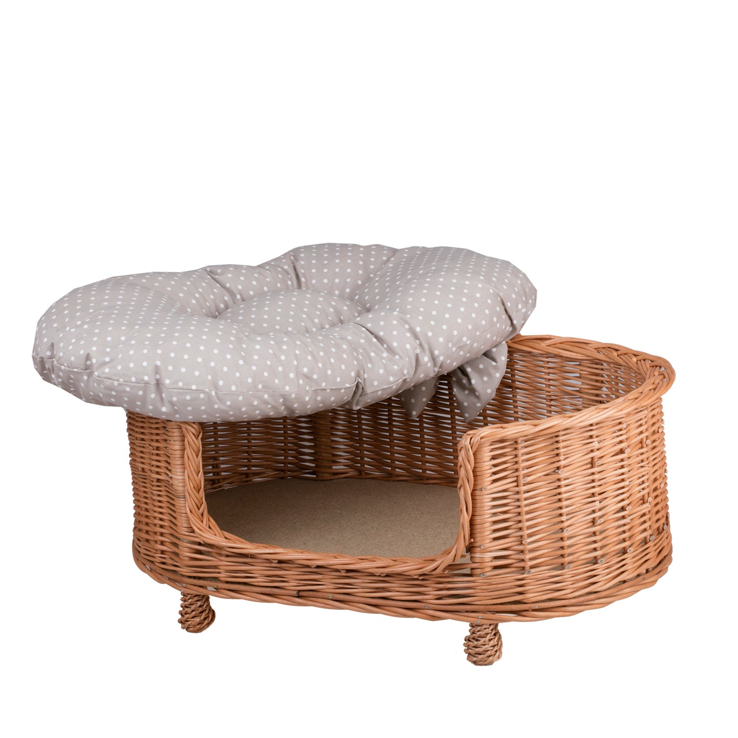 Esoria Rieten honden- en kattenmand met beige kussen, op pootjes en met lage instap