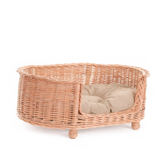 Esoria wicker pet bed for dogs and cats with beige cushion TheWickerStories